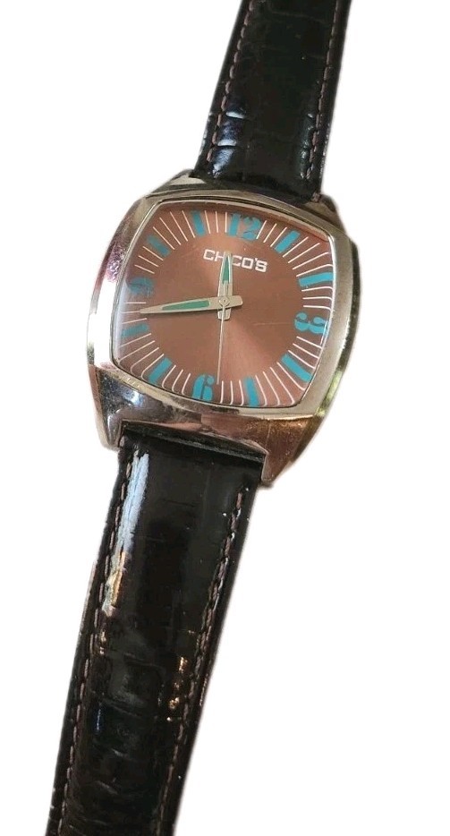 Men’s / Women’s Blue Brown Square Chico’s Watch Black Faux Leather Silver Case