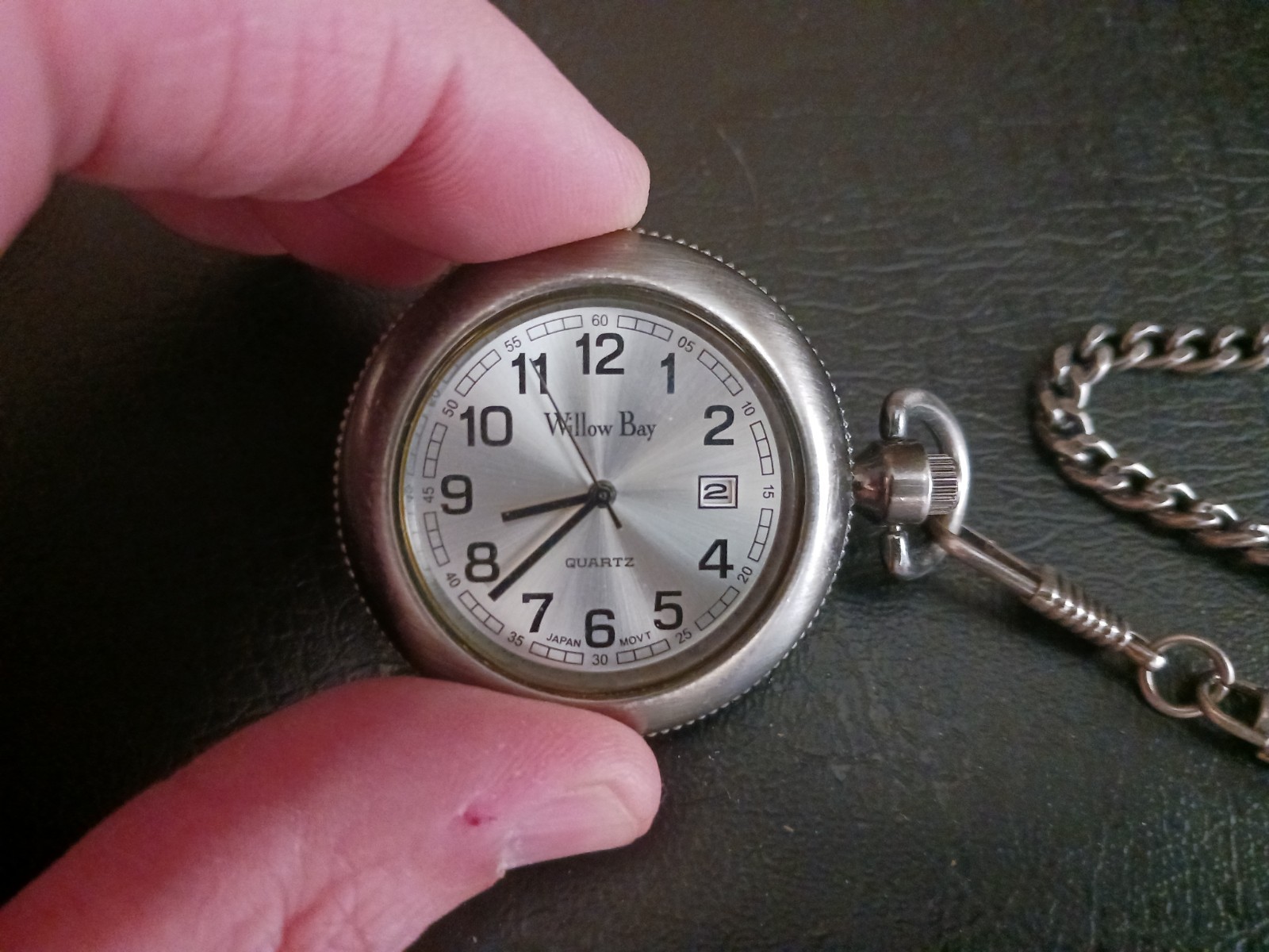 ​Willow Bay BY618 Quartz Pocket Watch + Chain Brushed Silver Tone, Needs Battery