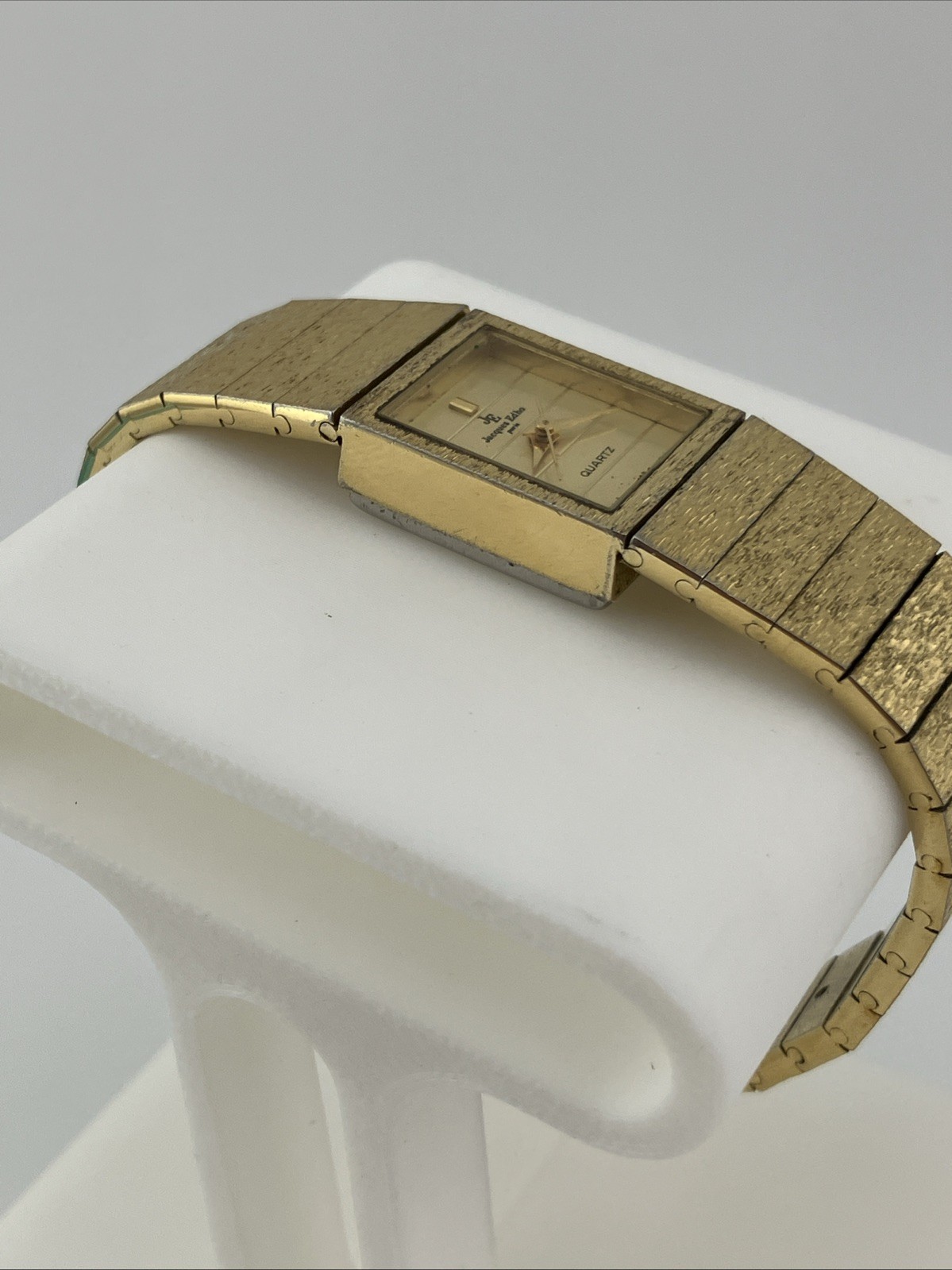 Vtg Jaques Edho Paris Ladies 15mm Watch Gold Tone Rectangle Dial 5.75″ – RUNS