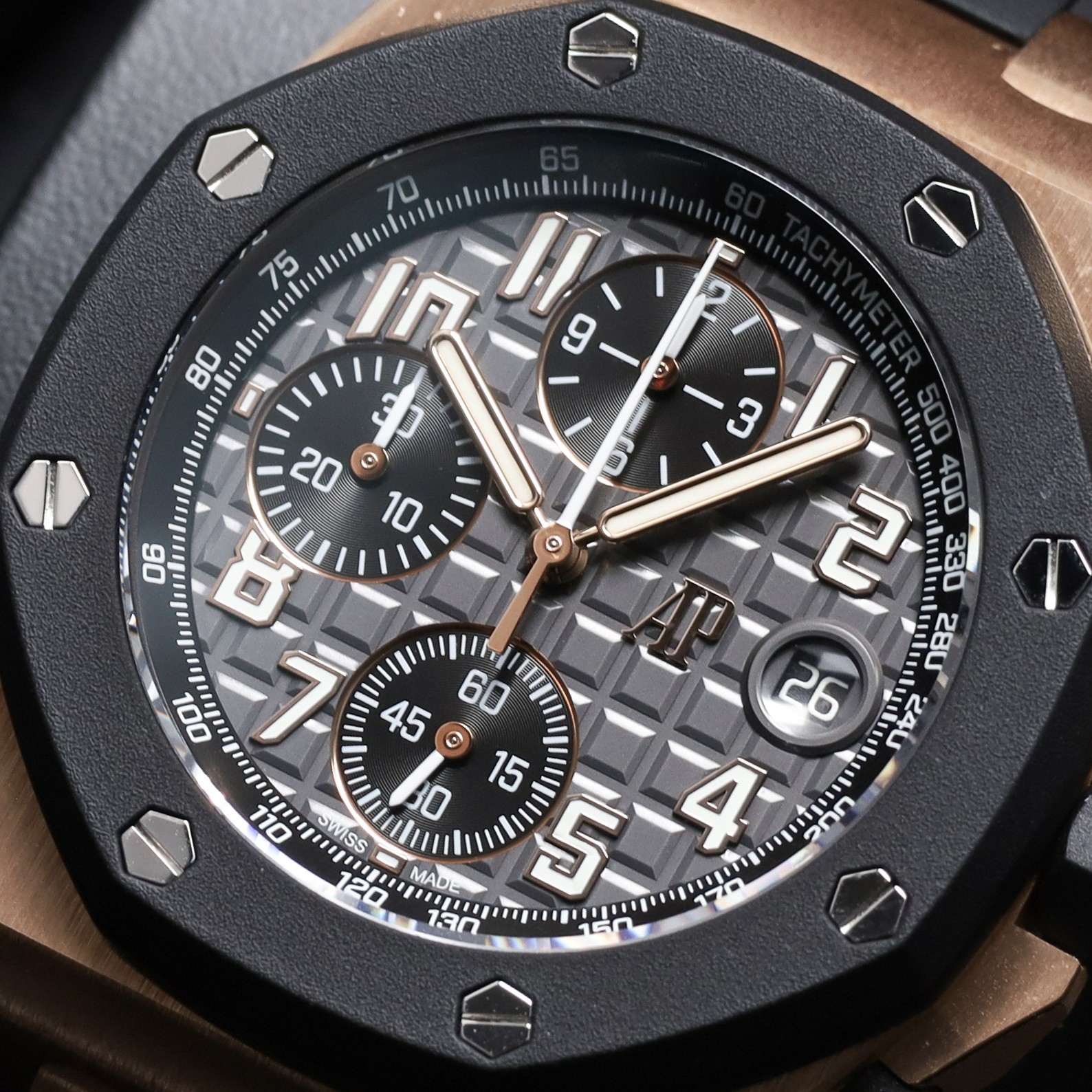 AP Royal Oak Offshore 42mm Rose Gold Grey Tapisserie Dial Rubber Strap 26238OK