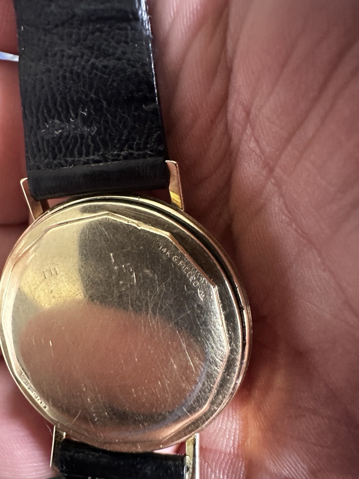 Vintage Movado Swiss Automatic 17J Gold Plated 34mm Silver Dial Black Leather