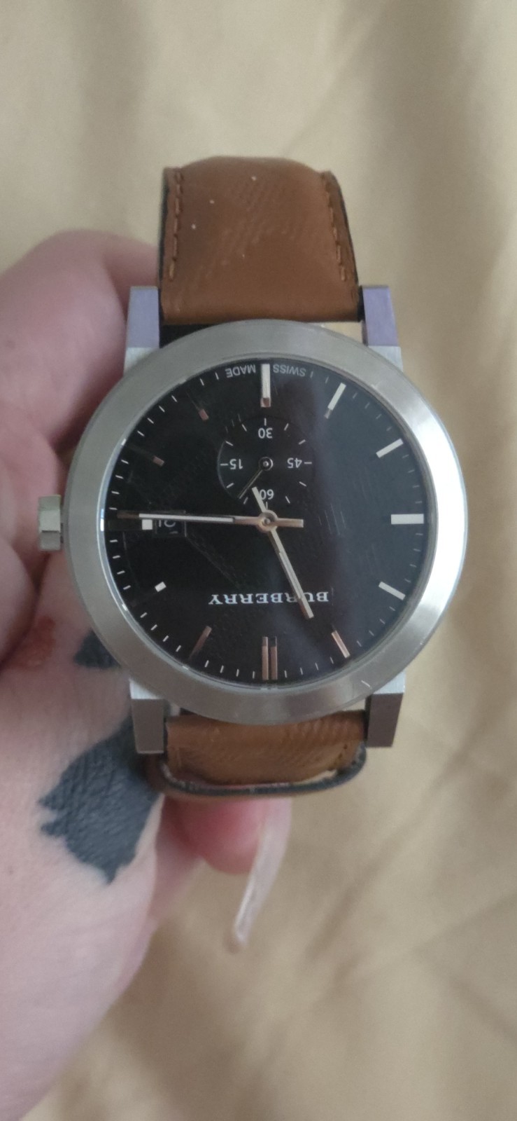 Burberry BU9905 The City Swiss Sapphire Black Dial Brown Leather Box Papers