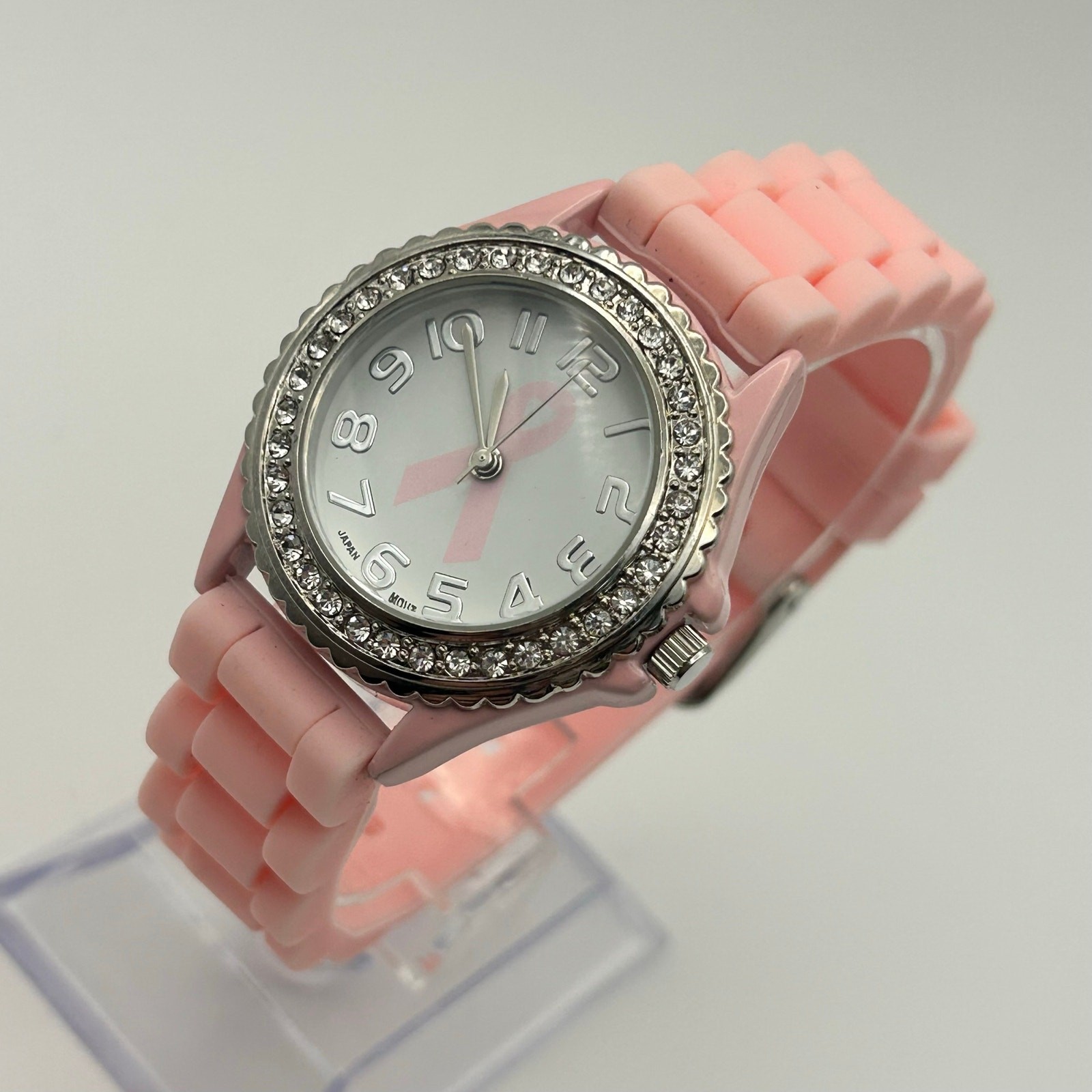 Geneva Ladies Crystal Rhinestone Breast Cancer Awareness Watch New Battery