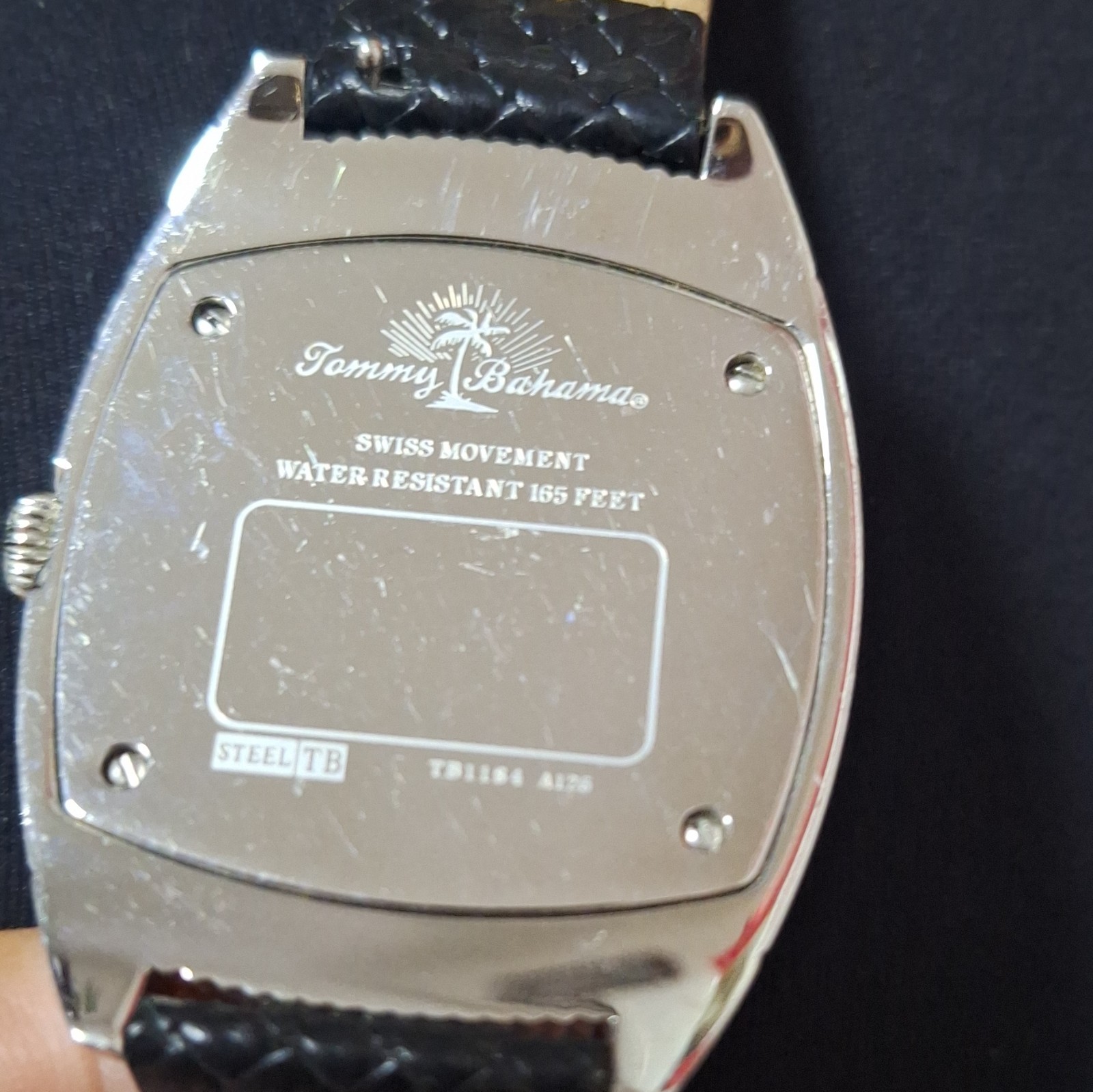 Tommy Bahama Swiss Quartz Date 50m Wristwatch Silver Case Black Leather 38mm