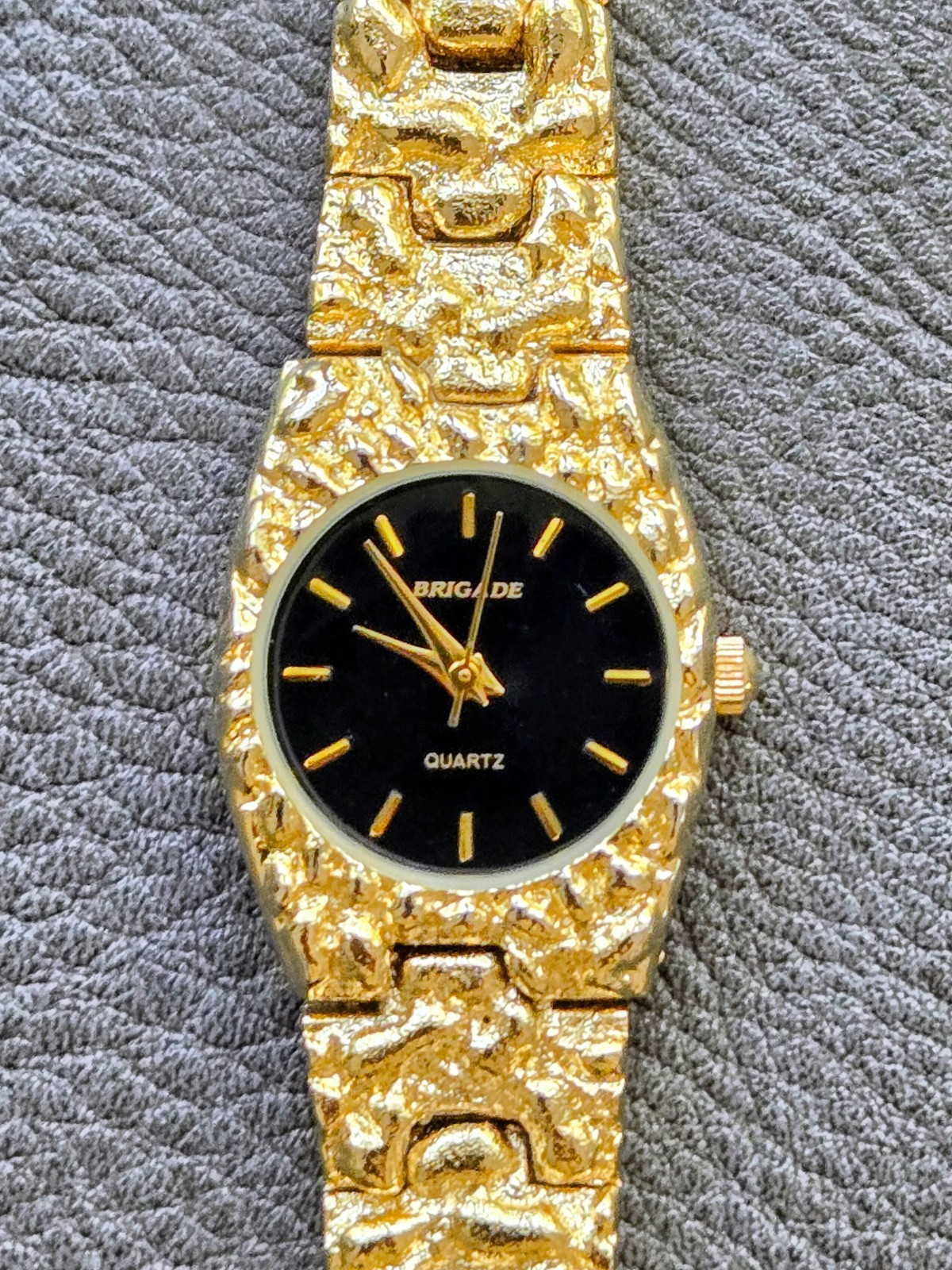 Brigade Gold Tone Nugget Quartz Watch Black Dial Textured Bracelet Retro