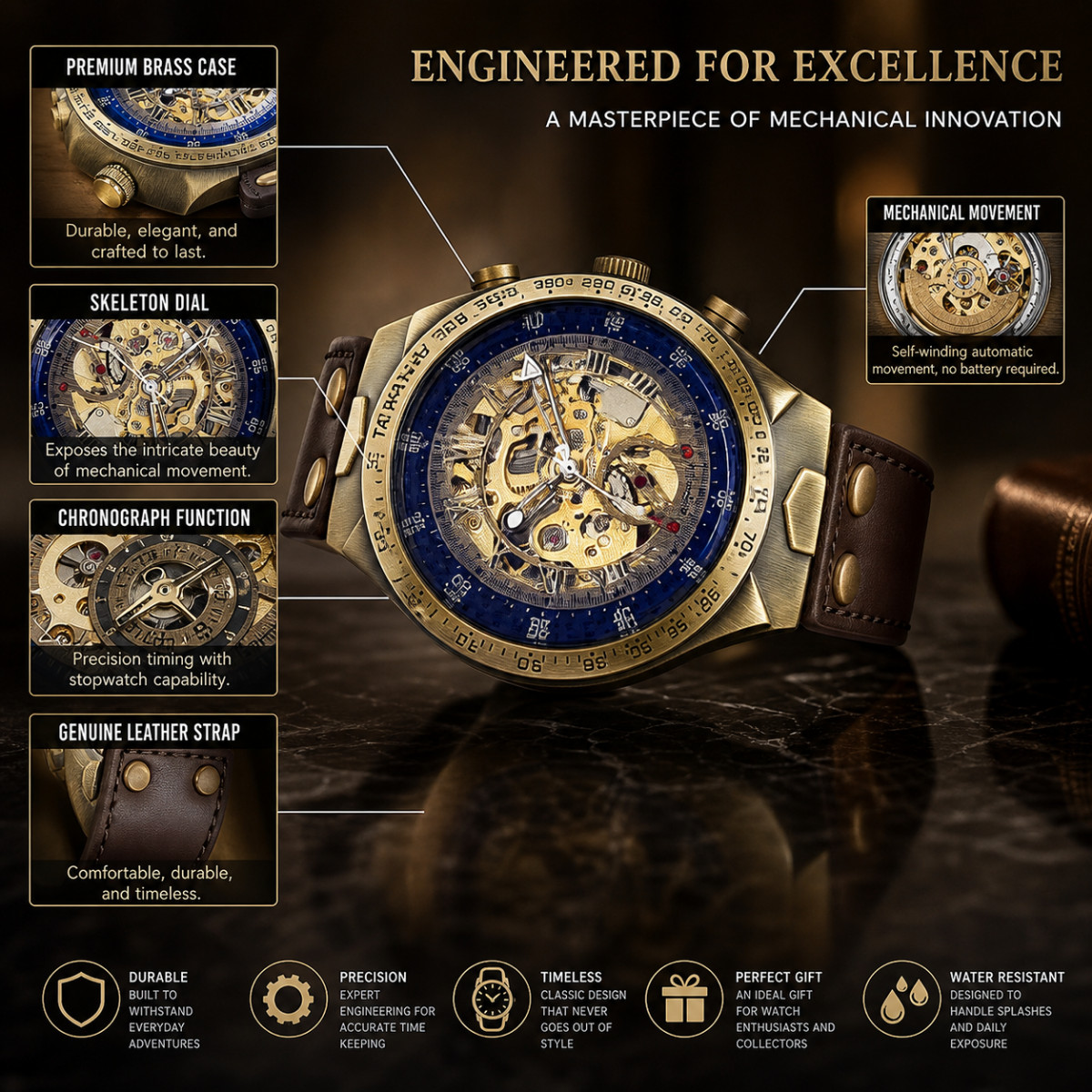 Men’s Luxury Automatic Mechanical Watch Skeleton Dial Leather Strap Retro