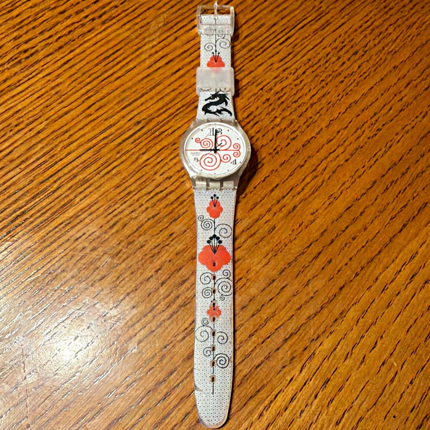 Swatch Swiss Made Quartz Analog Clear Plastic Watch White Red/Black Graphic