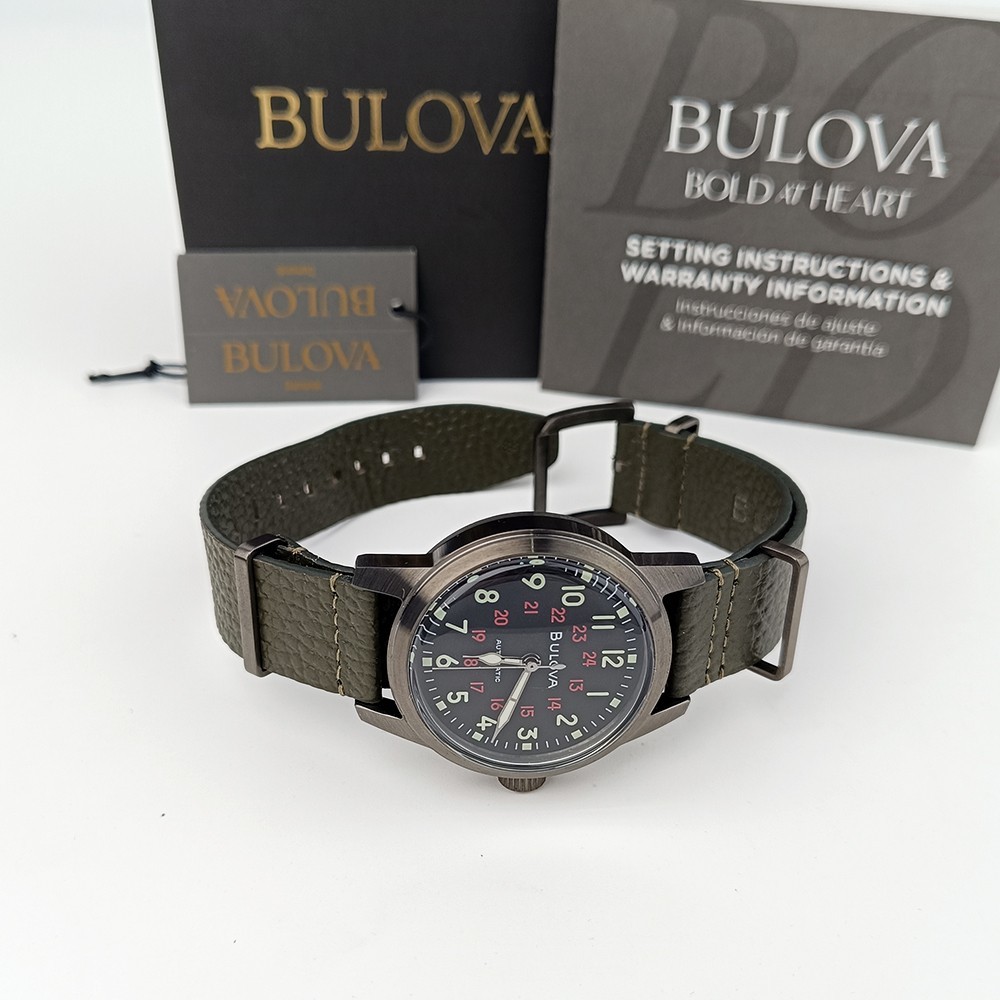 Bulova Military Hack 98A255 Black Dial Green Leather Strap Automatic Men’s Watch