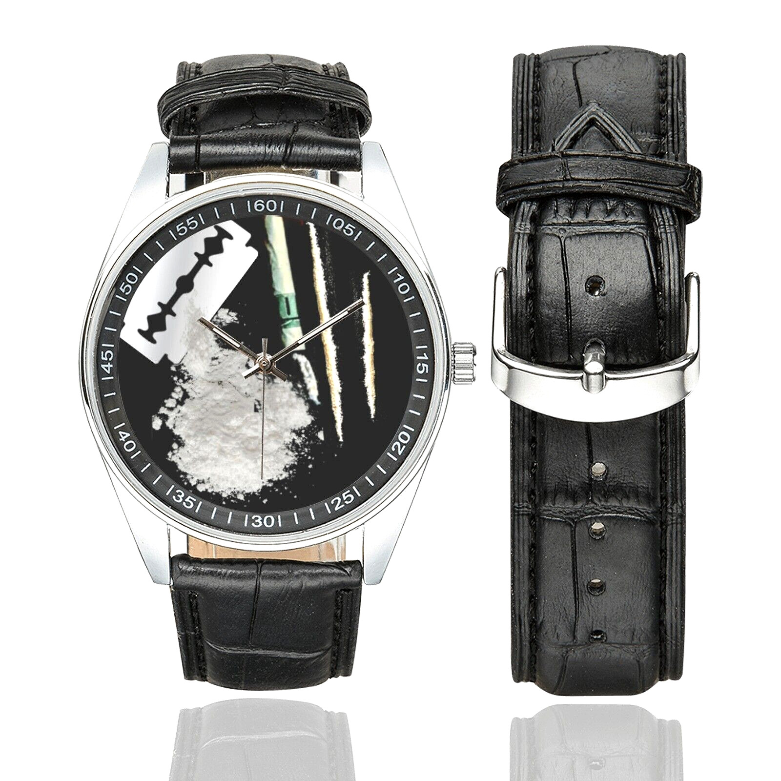 COKE Watch with Black Faux Leather Band and Multicolor Dial, Quartz Movement