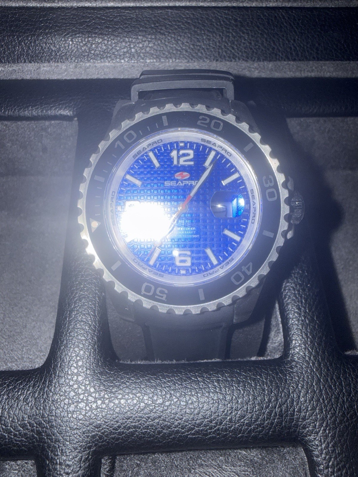 Seapro Abyss Mens Diver Watch 200 ATM Quartz Blue Dial Black Strap Date