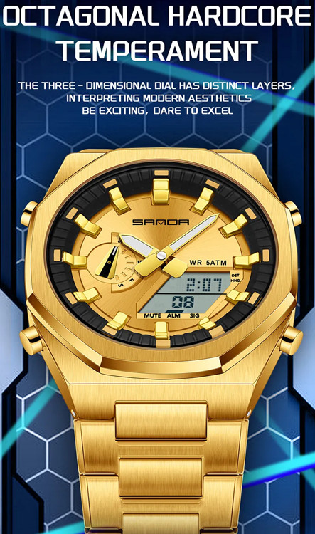Men’s Multiple Functions Hexagonal Watch Dual Display Quartz +Electronic 5Atm