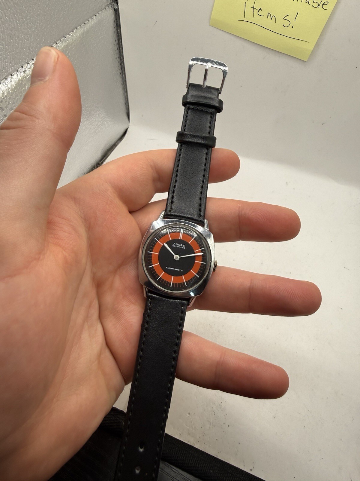 VINTAGE Ancre Goupilles Antimagnetic Orange Black Dial Cushion Mens Watch RUNS