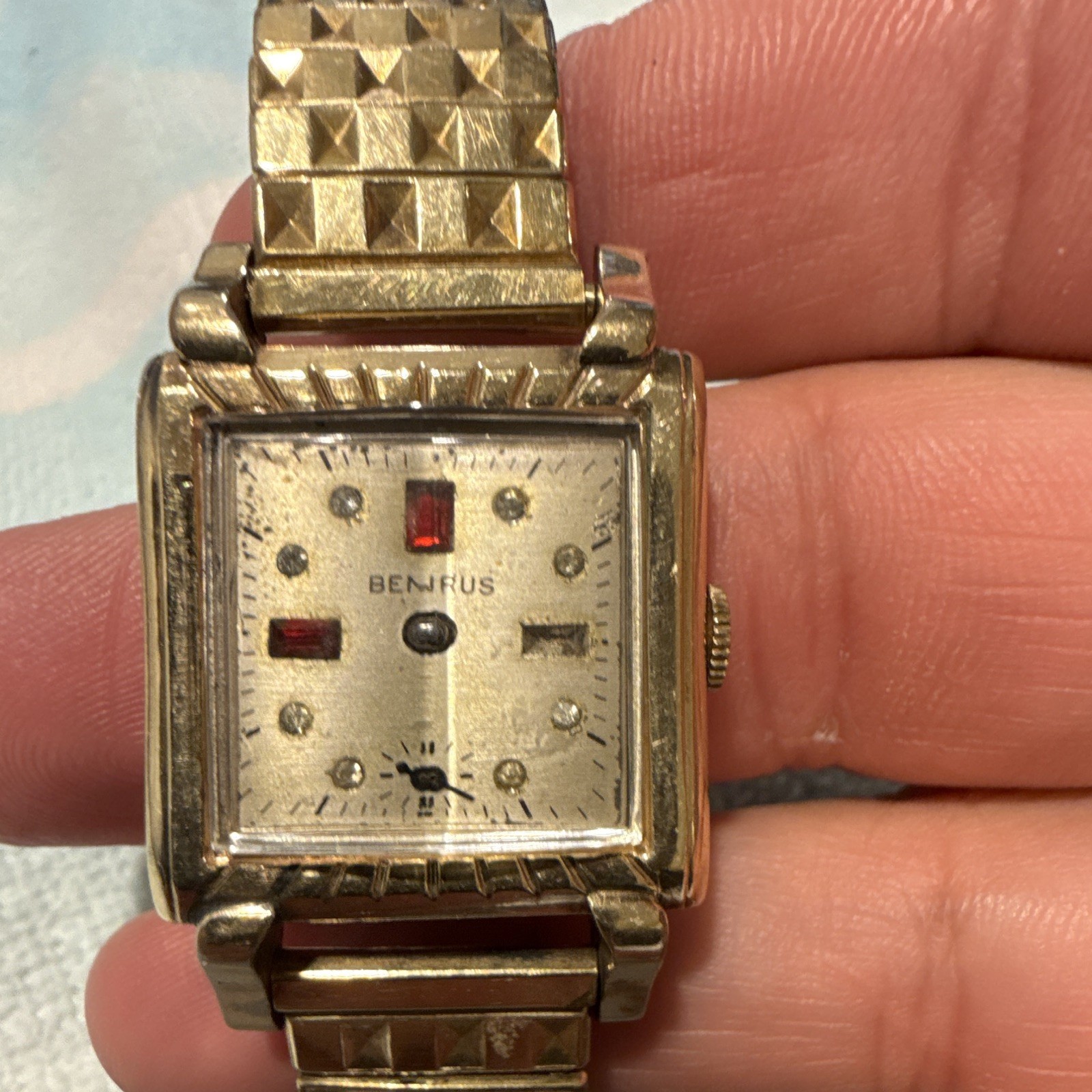 Benrus Vintage Women’s Rectangle Manual Mechanical Watch Gold Bracelet Gem