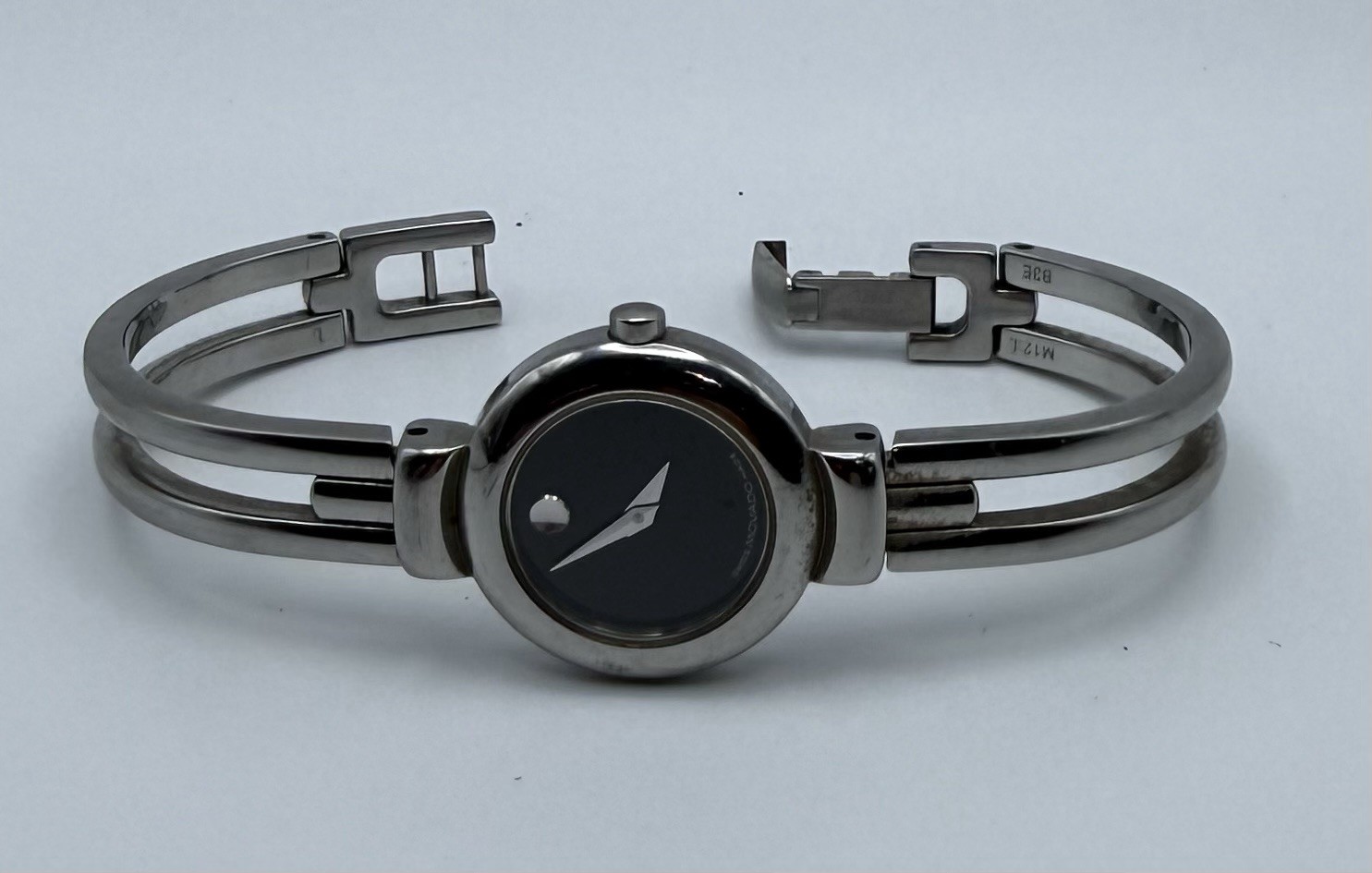 Womens Movado Museum Swiss Made Analog Black Dial Silver SS Bangle Watch