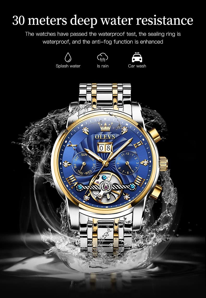 Men’s Automatic Skeleton Watch, 5 Hands Mechanical, Luxury Multi-Calendar, Water