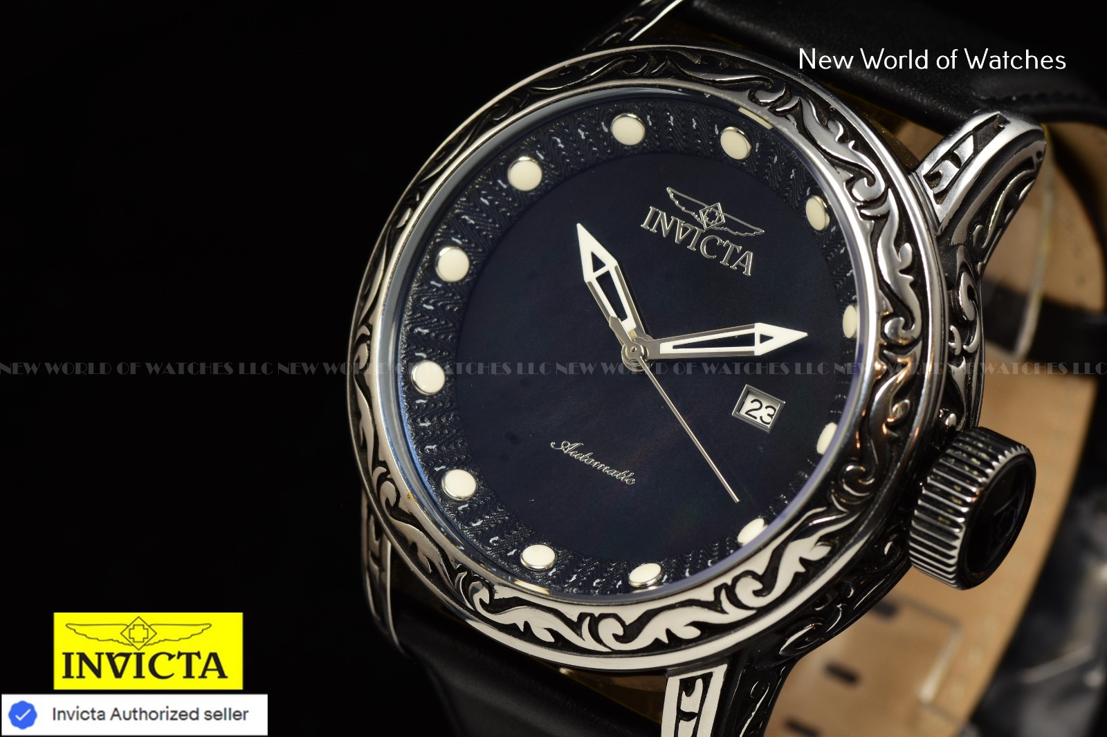 Invicta Men’s Vintage 52mm Automatic MOP Dial Black Tone Leather Strap Watch