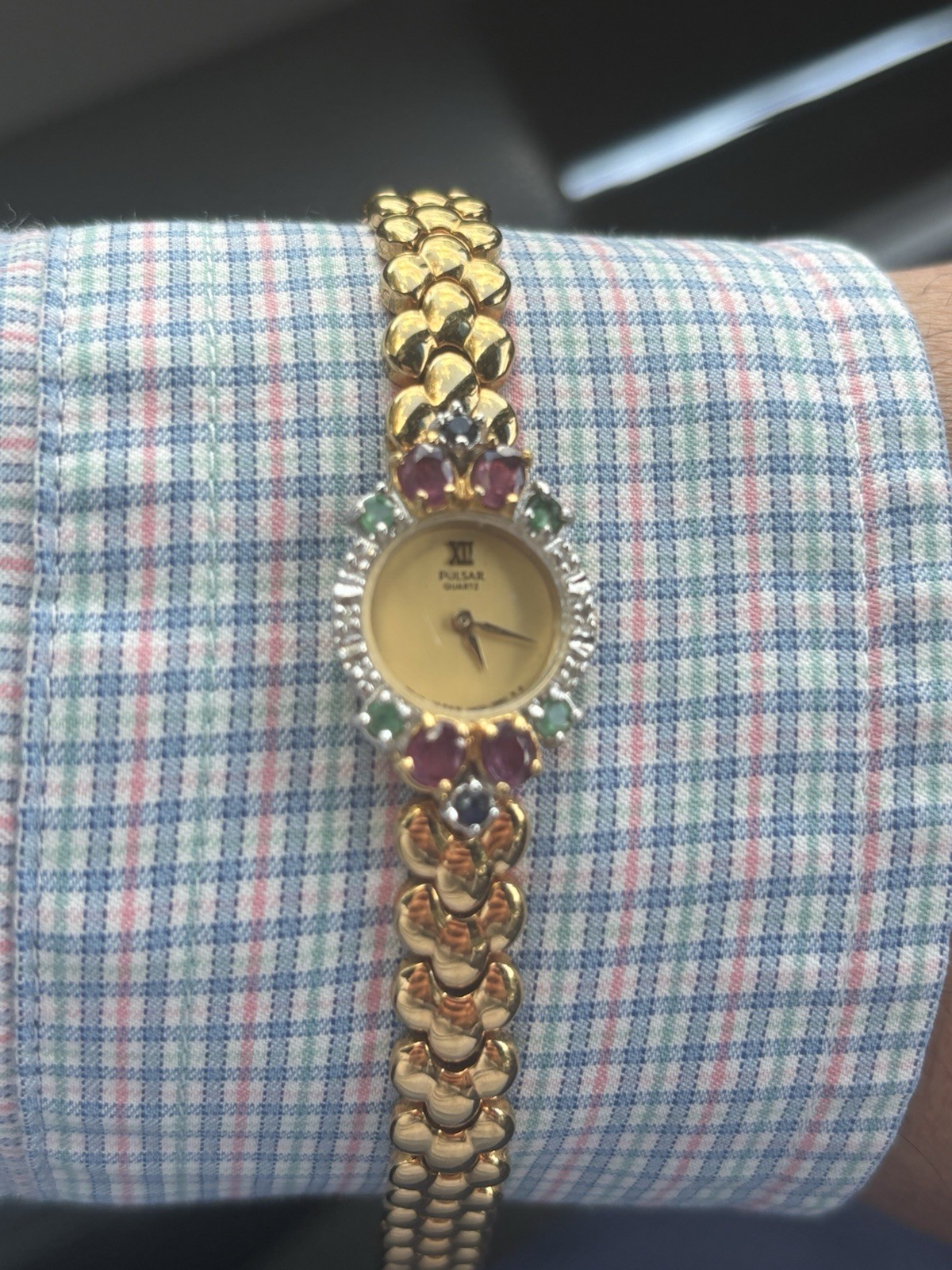 Vtg Pulsar Watch Women Ruby Sapphire Emerald Diamond V400-L312 7.25″