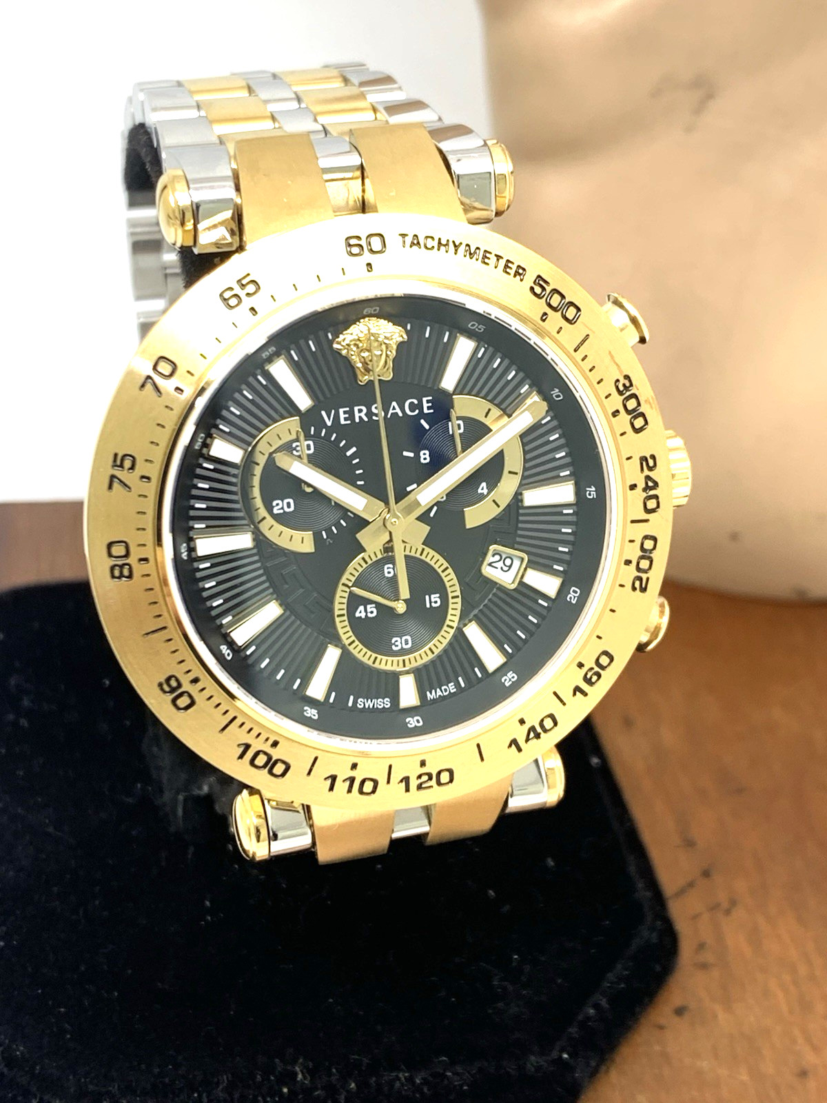 Versace Men’s Watch VEJB00622 Swiss Quartz Chronograph Black Dial Two Tone Steel