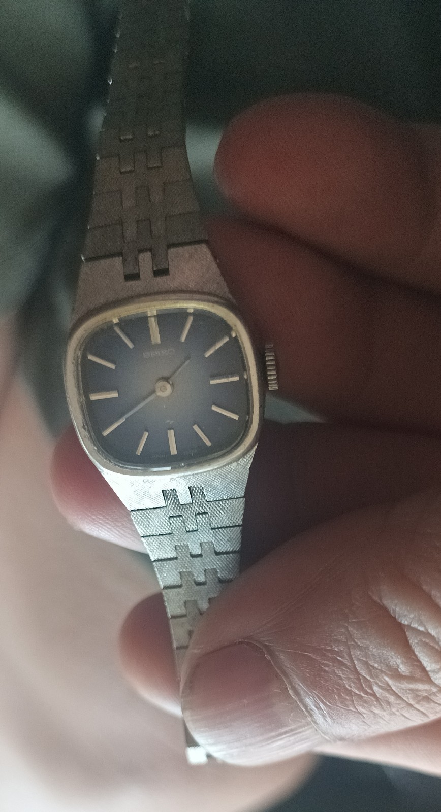 Seiko Vintage 1970s Manual Wind Watch Blue TV Dial Rectangle Face Japan 11-3349