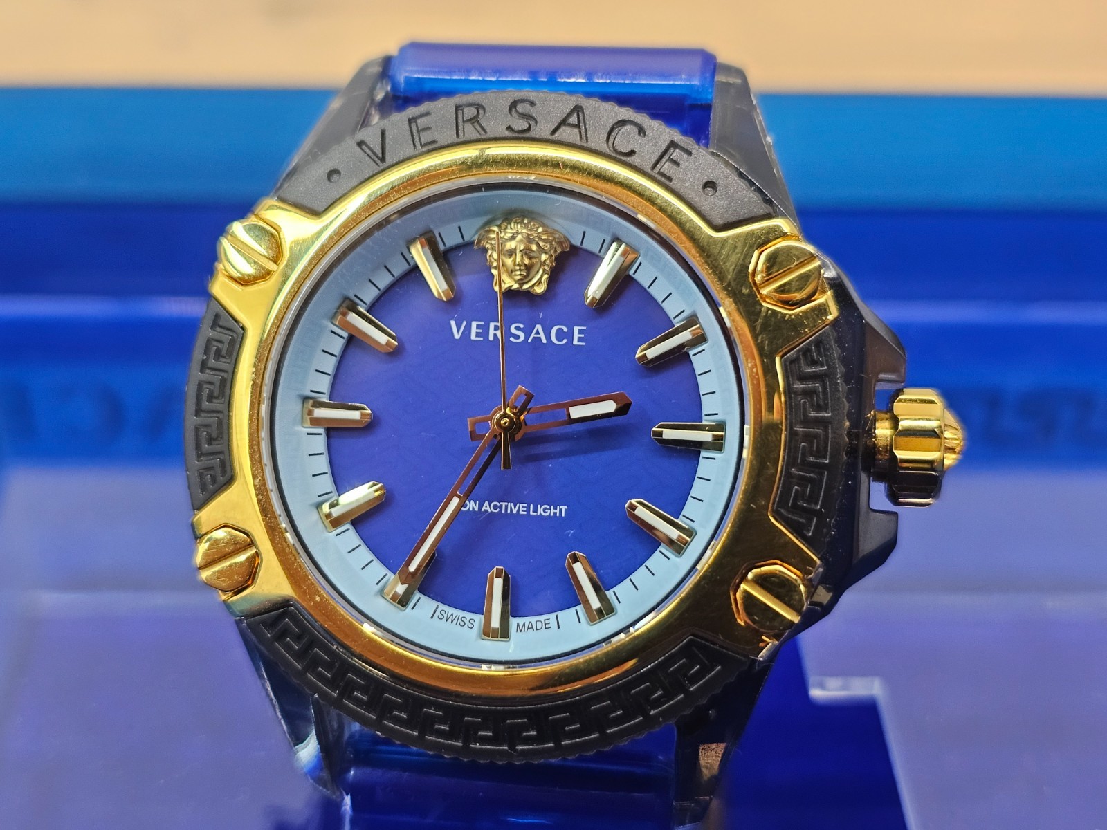 Versace Icon Active Indiglo Quartz Watch, Polycarbonate, Blue 43mm, VE6E00323
