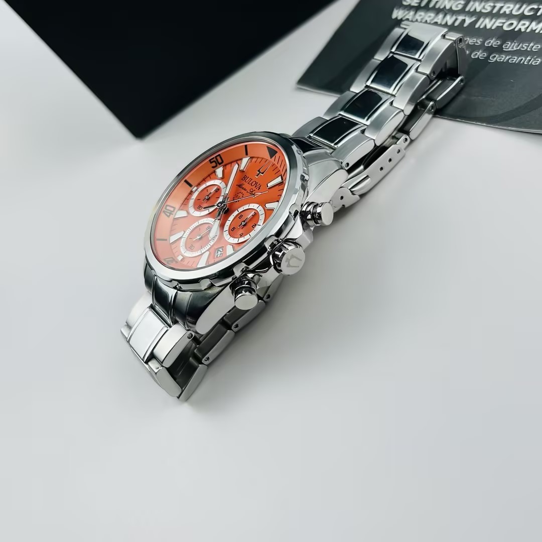 Bulova Men’s Marine Star 96B395 Orange Dial Stainless Chronograph Quartz Watch