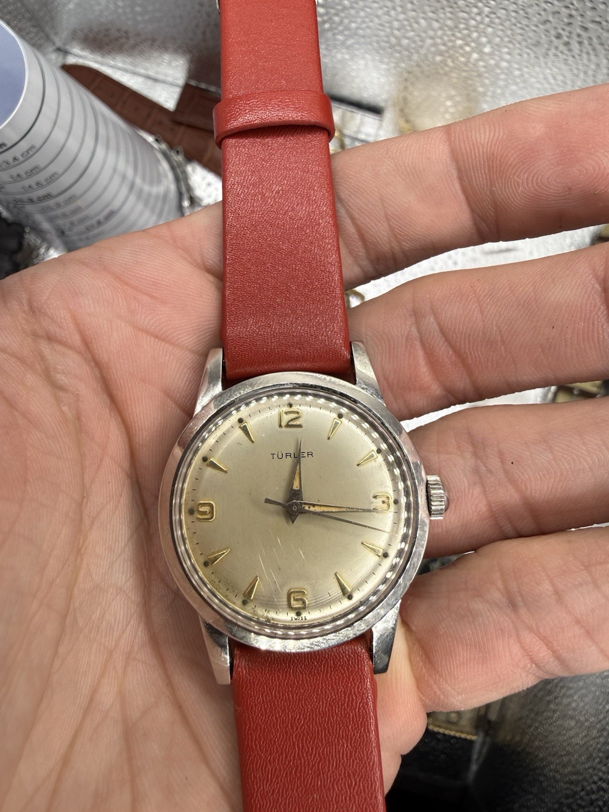 Türler Swiss Made Manual Wind Champagne Dial Silver Case Red Leather Strap