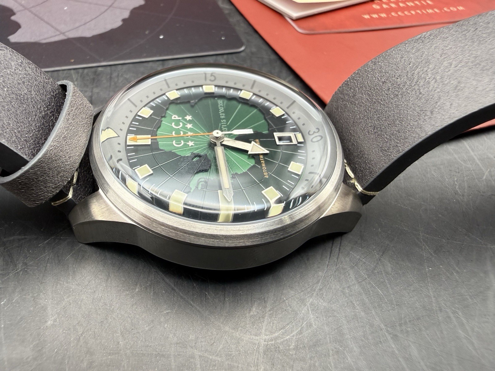 CCCP Mirny Watch Soviet-Inspired Green Dial Leather Strap Box Damage