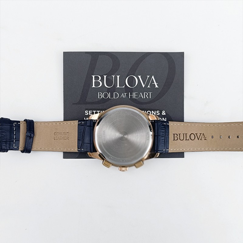 Bulova Wilton Blue Gold 97B170 Quartz & Chronograph Men’s Leather Watch 46.5mm