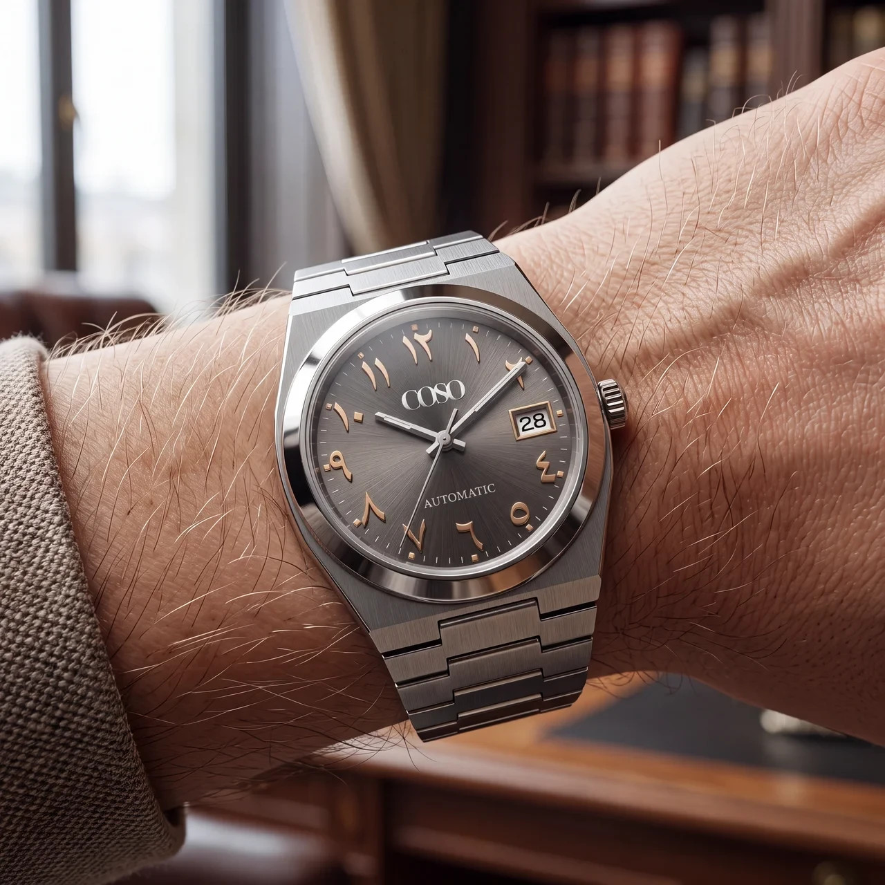 COSO Tolaris Automatic Watch Charcoal Dial Gold Eastern Arabic Steel Bracelet