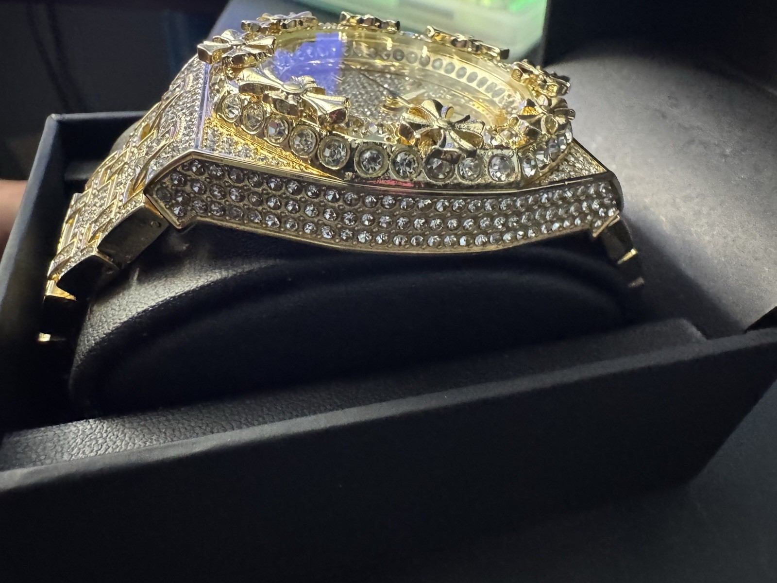 Gold Tone Iced Out Analog Wristwatch, Gem-Set Bezel, Bracelet Band. Never worn.