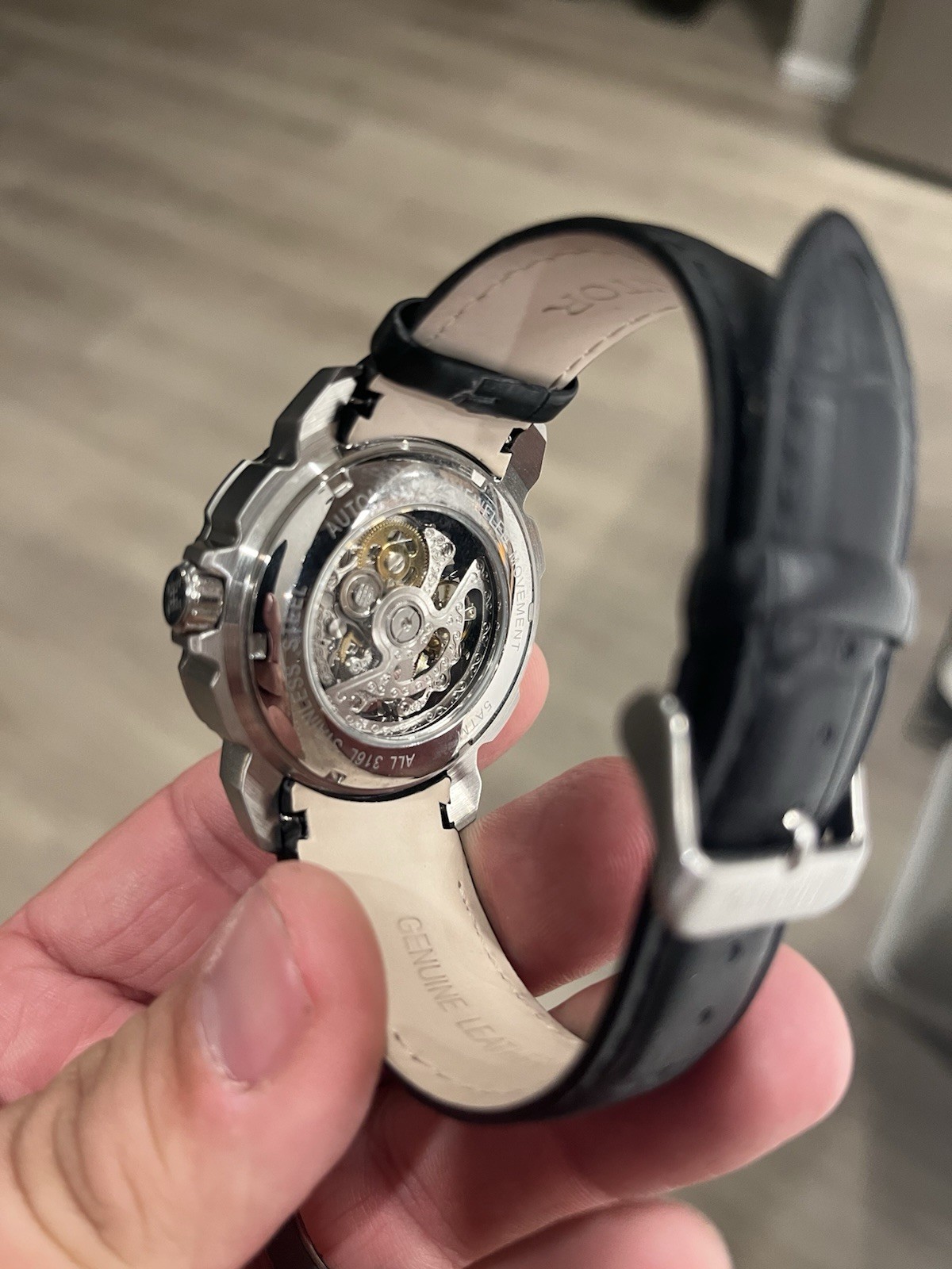 HERITOR Automatic Skeleton Watch Black Leather Strap Silver Case 46mm