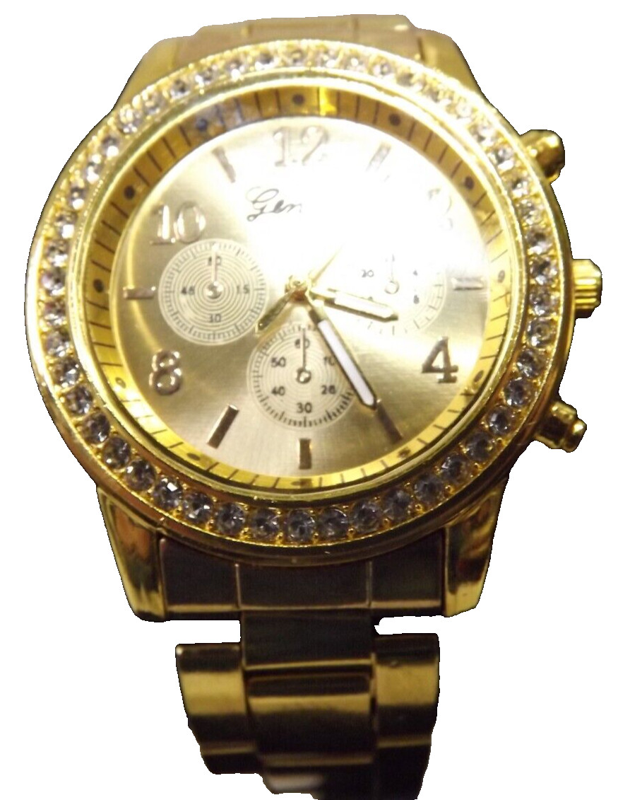 Geneva GoldTone Face Casing & Band Numerical Second Hand Rhinestone Quartz NEW