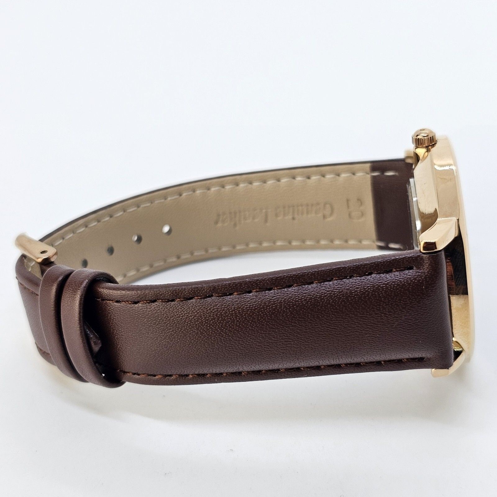 Men’s Watch 40MM Gold Case Blue Dial Brown Leather Band Straps Date Indicator