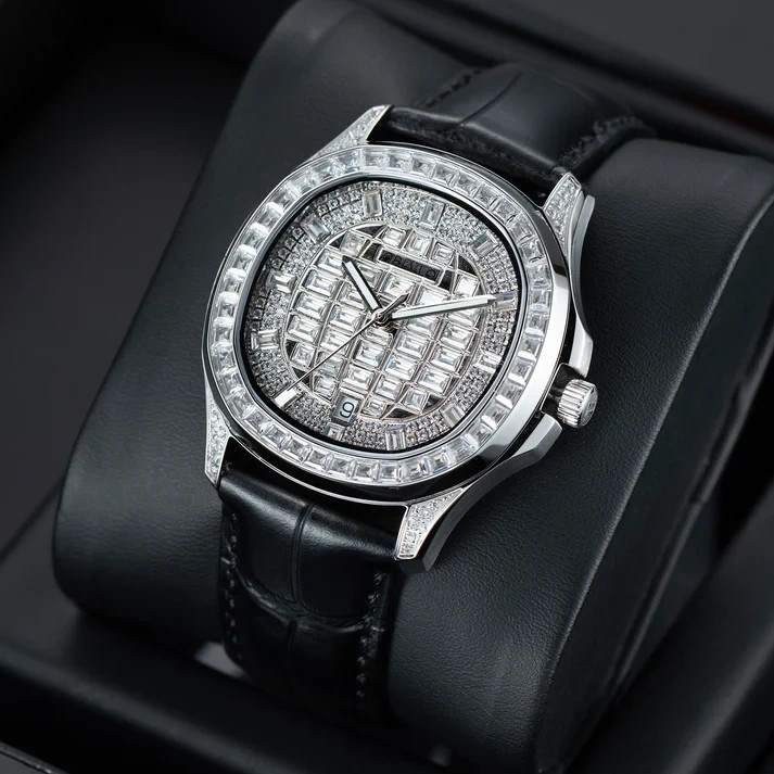 Luxury Automatic Watch Men Miyota 8215 Baguette Stone Leather Rubber Strap