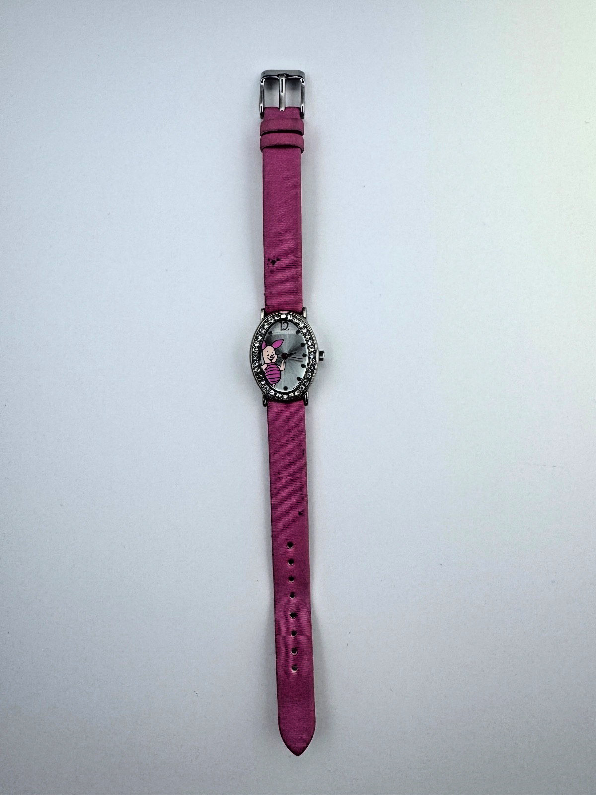 Disney Piglet Quartz Analog Wristwatch Pink Faux Leather Band Silver Tone Case