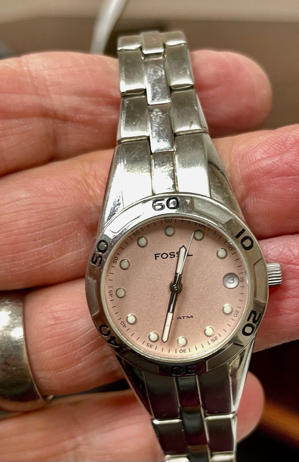 Pink FOSSIL, WR 100M, Date, 6.25-6.75”, New Battery, Works Great