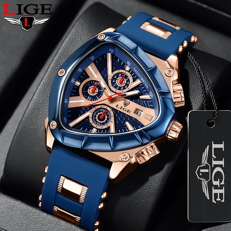 LIGE Fashion Men Watch Triangle Chronograph Military Wristwatch Sport Army Mens