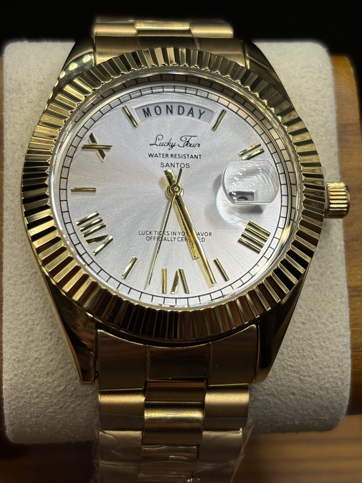Lucky Fours Santos Day Date Men’s Watch Silver Dial Fluted Bezel New in Box