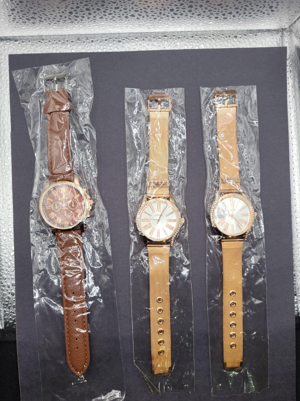 Women’s Gold Tone Mesh & Brown Faux Leather Strap Watch Set Of 3