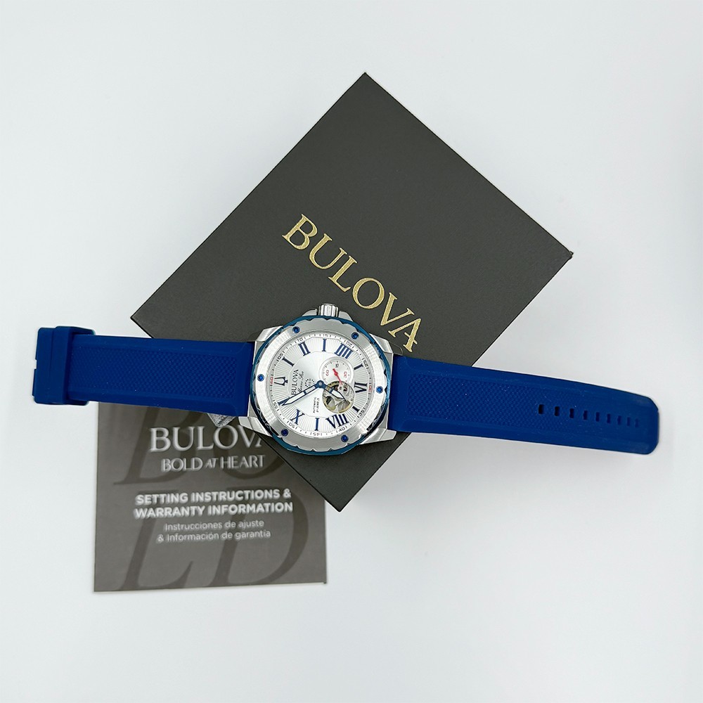 Bulova Men’s Marine Star Automatic White Dial Blue Rubber Strap Watch 98A225