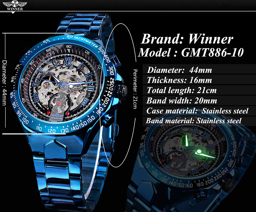 WINNER Men’s Stainless Steel Watch Luxury Skeleton Automatic Mechanical Watches