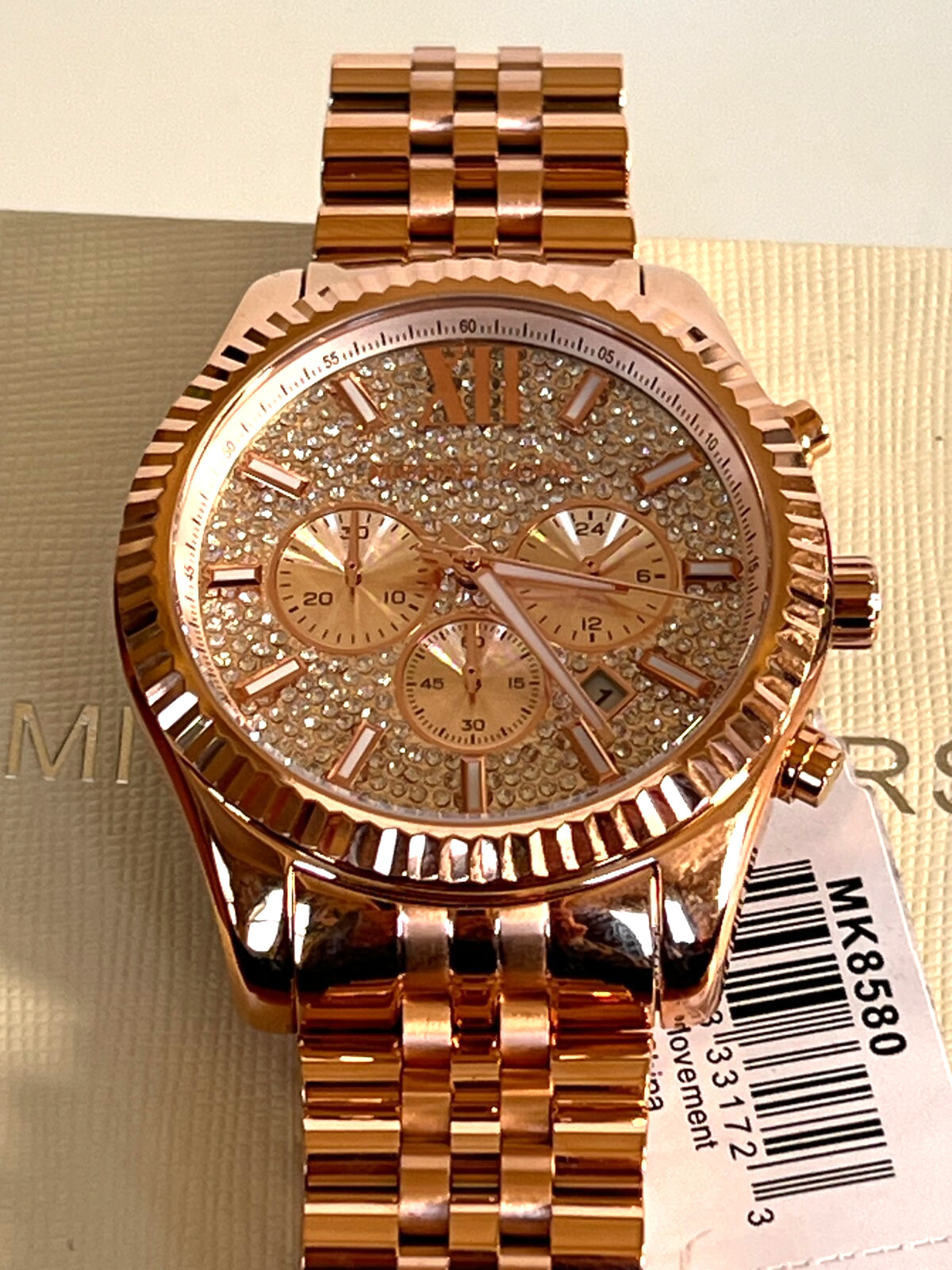 MICHAEL KORS MK8580 Lexington Crystal Pave Rose Gold-Tone Men’s Watch BNWT $375