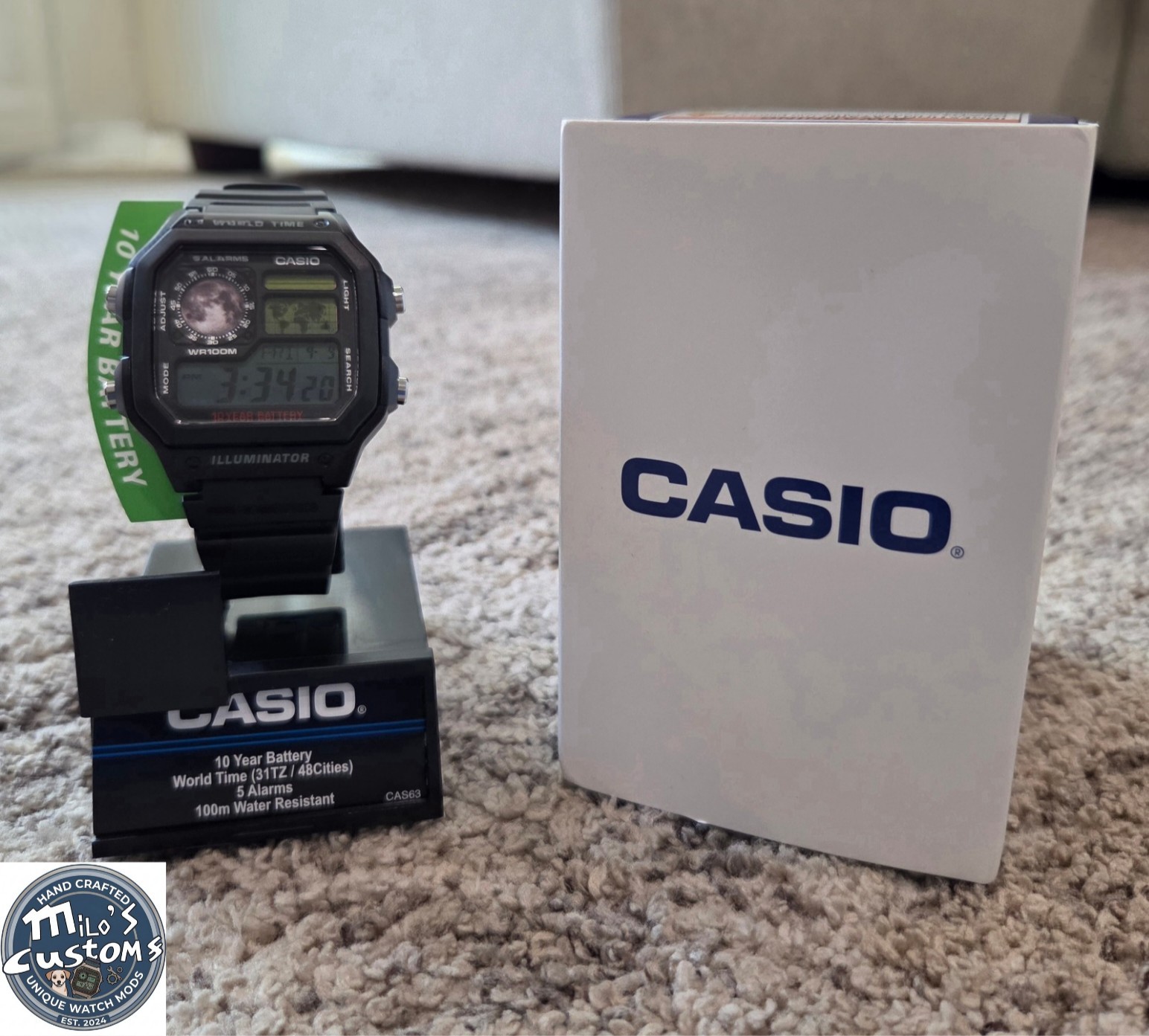 Casio World Time Digital Watch Black Resin 10 Year Battery WR100M Box Manual