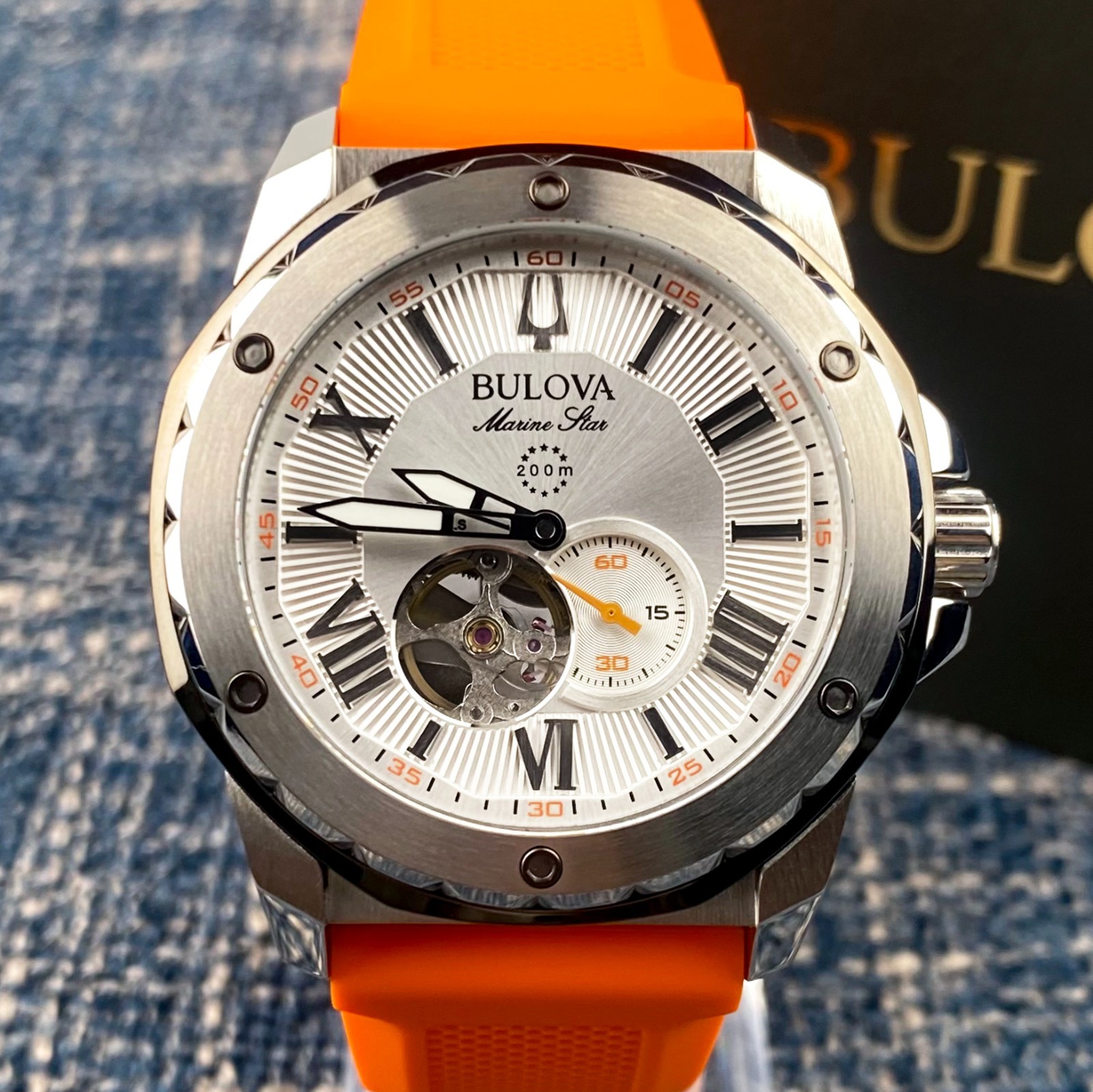 Bulova Marine Star Automatic White Dial Orange Rubber Strap Men’s Watch 98A226