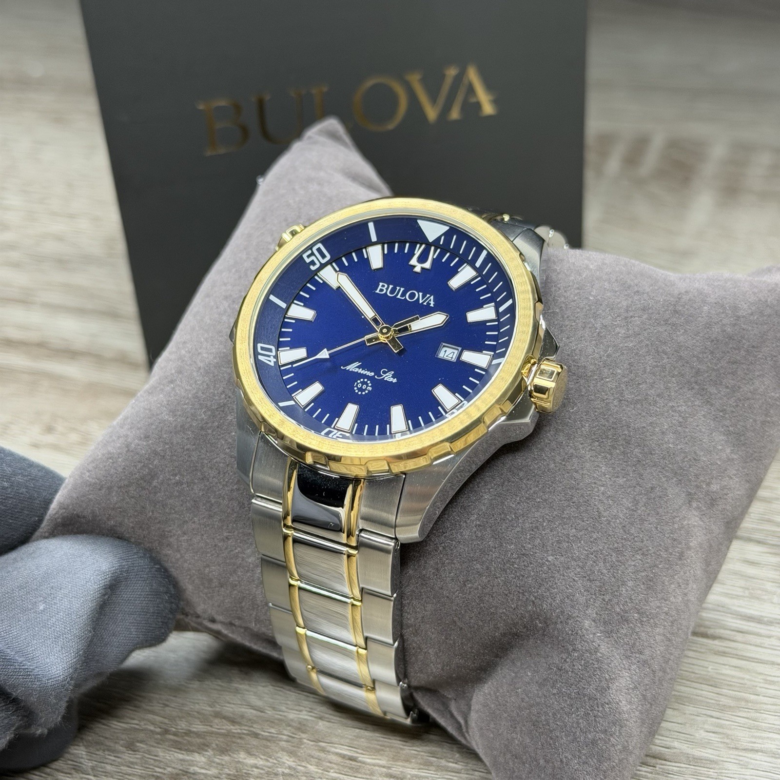 SPORT✅ Bulova Marine Star Blue Dial Calendar Two-Tone Men’s Watch 43mm 98B384