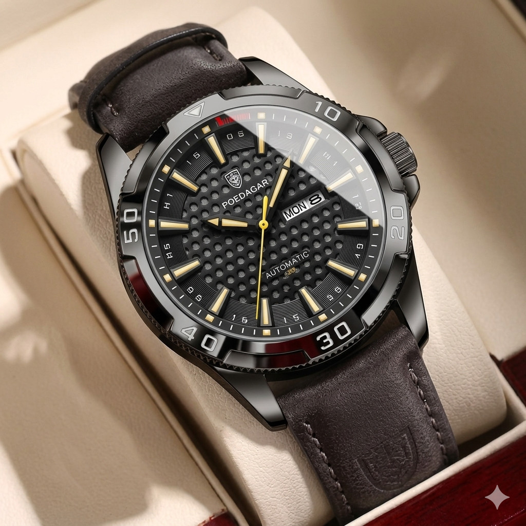 POEDAGAR Men’s Watch Black Textured Dial Dark Brown Leather Strap Automatic Date