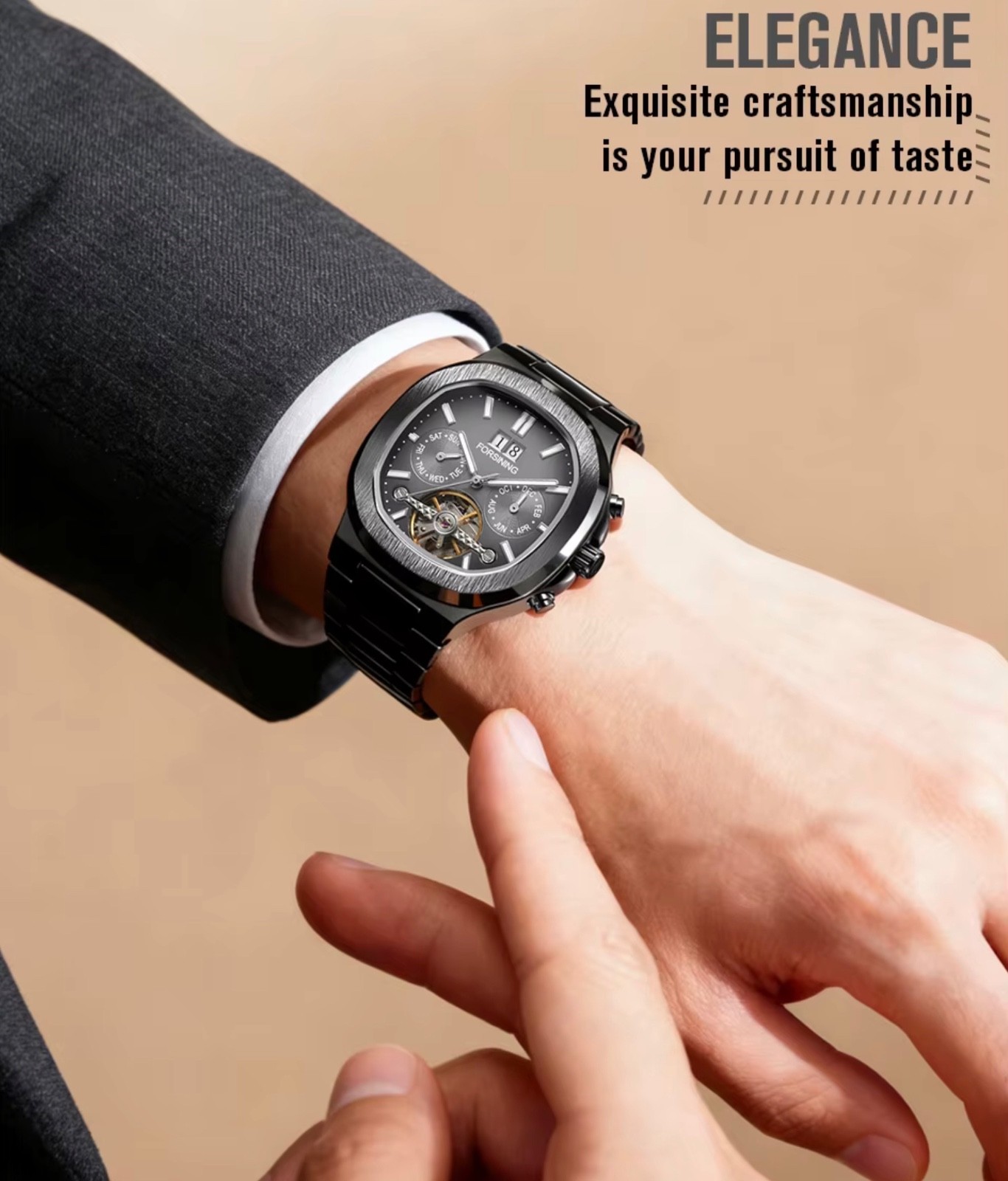 FORSINING Brand Tourbillon Men’s Automatic Mechanical Stainless Steel Band Watch