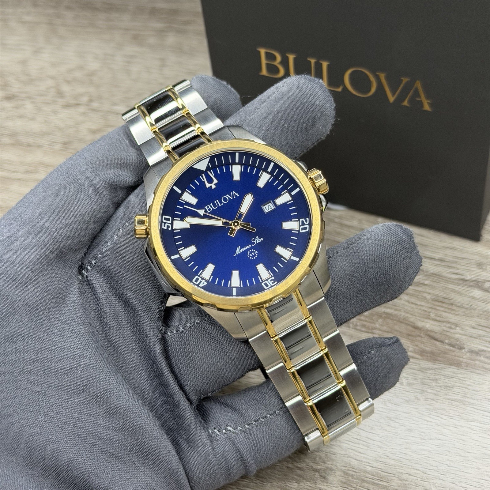SPORT✅ Bulova Marine Star Blue Dial Calendar Two-Tone Men’s Watch 43mm 98B384