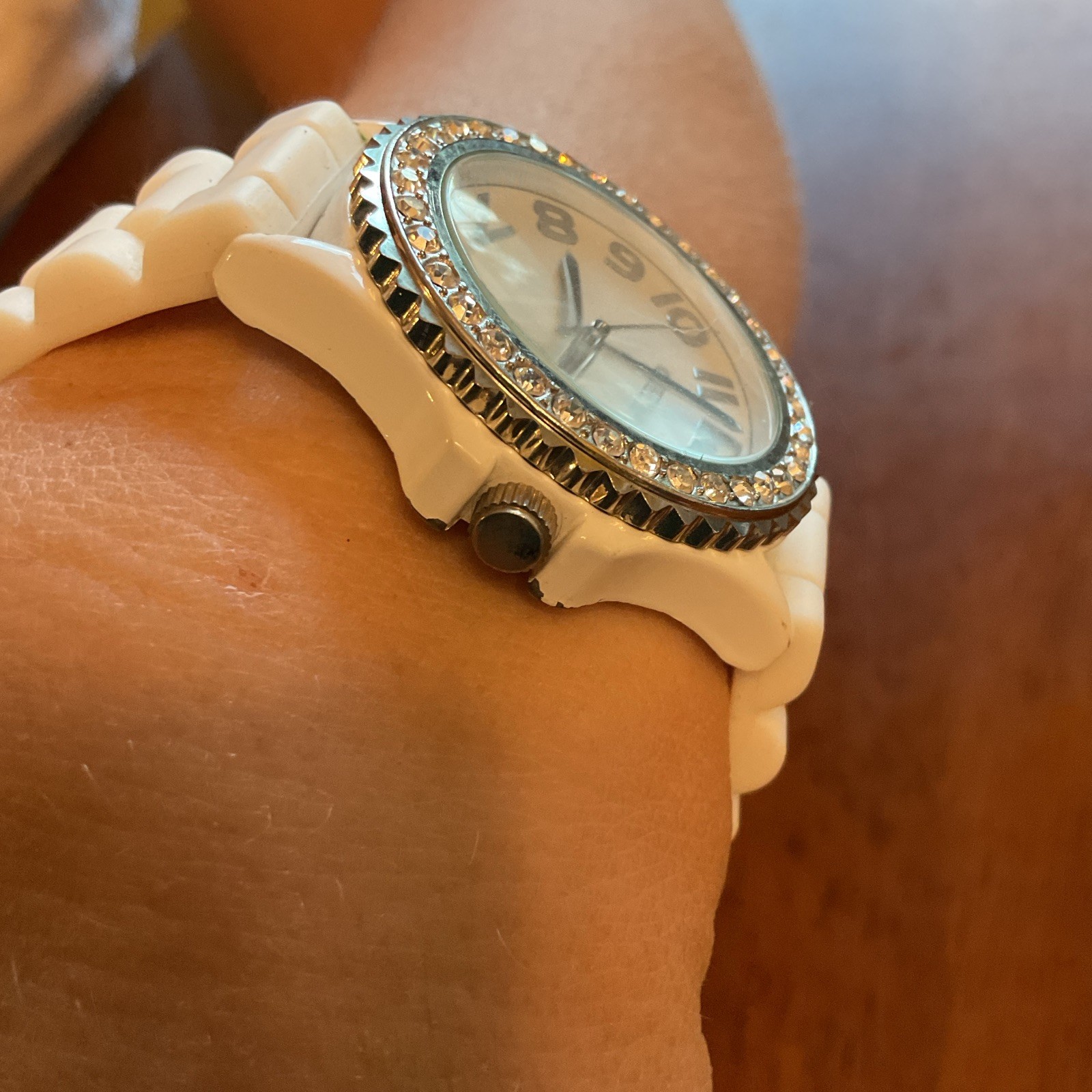 Geneva Women’s Quartz Analog Watch White Rubber Strap Arabic Gem-Set Bezel