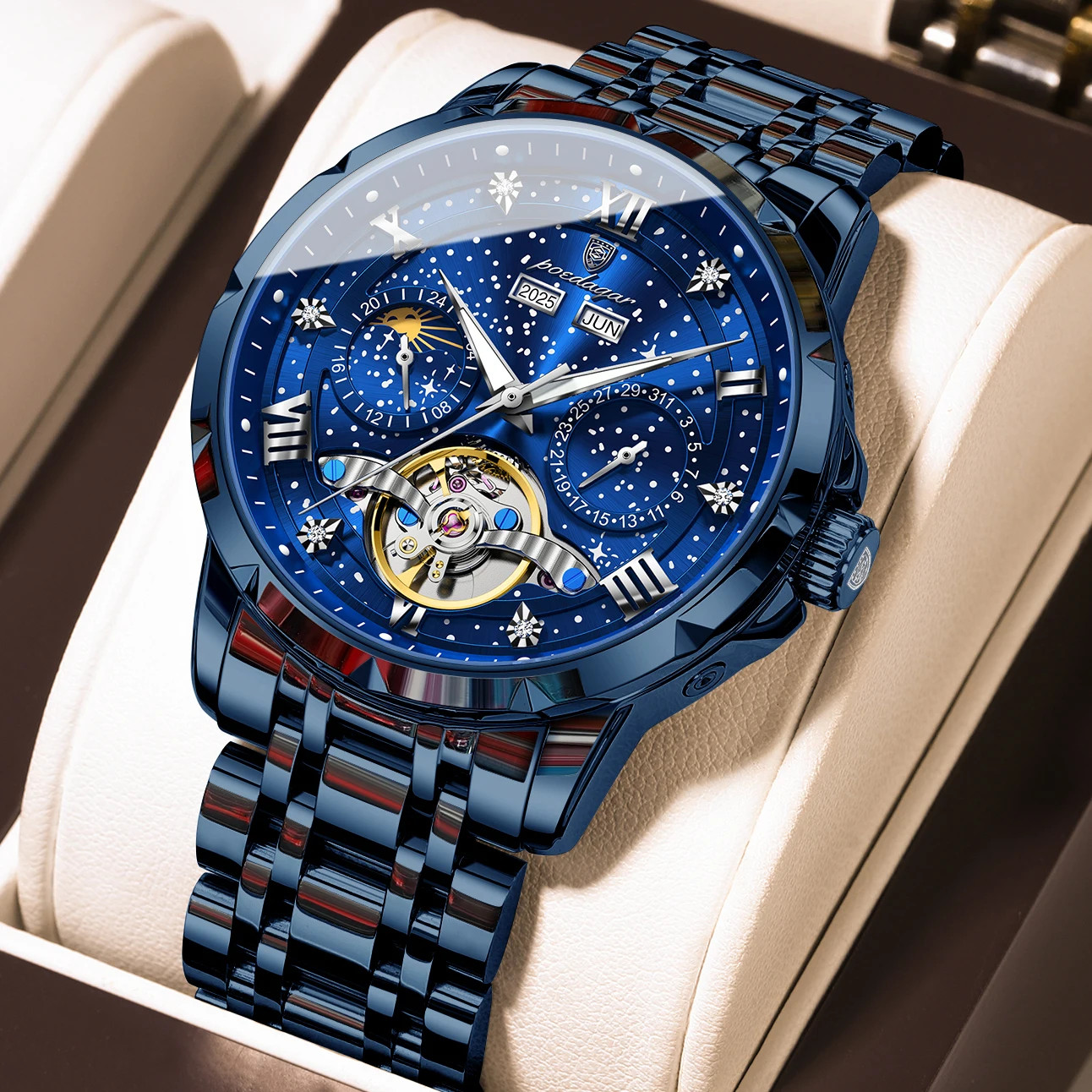 Luxury Men’s Steel Automatic Mechanical Watch, Tourbillon and Case